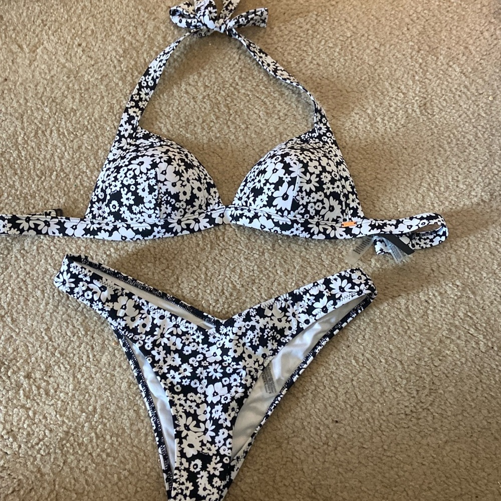 Pink Floral Black and White 2 Piece Bikini Swim Suit